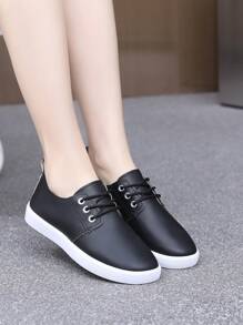 Versatile Black Lace-Up Flat Shoes, Casual Simple Korean Style Canvas Sneakers, Suitable For Plus Size