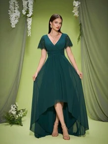 V-Ausschnitt elegantes Brautjungfernkleid, Rüschen-Spitzen-Chiffon-Kleid mit mehreren Lagen, lang