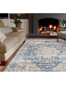 ANPHON Machine Washable Kitchen Runer Boho Vintage Printed Foldable Indoor Area Rug Soft Touch Non Slip Stain Resistant Easy To Clean Throw Rug Ultra Thin Non Shedding Pet Friendly With Elegant Bordered Design Ideal Floor Covering For Home Decoration In Living Room Dining Room Laundry Room Bathroom Entrance Door Mat Bedroom Kitchen - Blue - View 2