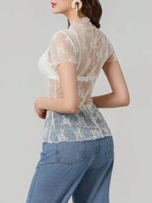 Women Lace Top, Crew Neck Short Sleeve See-Through Summer Sheer T-Shirt Clubwear - White - View 5