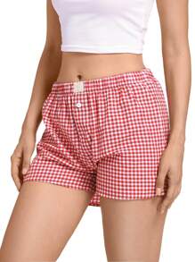 OUTBALL Women's Plaid Cute Pajama Shorts Elastic Banded Boxer Shorts Sleep Bottom Casual Shorts - 紅色 - 查看 3