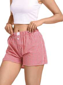 OUTBALL Women's Plaid Cute Pajama Shorts Elastic Banded Boxer Shorts Sleep Bottom Casual Shorts - 紅色 - 查看 4