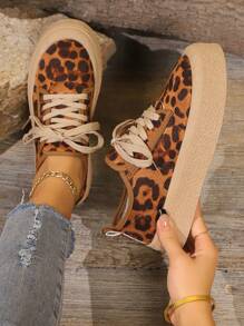 Women Leopard Print Lace-Up Low-Top Casual Sneakers, Thick Sole, Fashionable & Versatile For All Seasons - Leopard - View 6