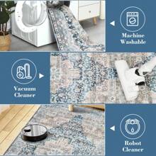 ANPHON Machine Washable Kitchen Runer Boho Vintage Printed Foldable Indoor Area Rug Soft Touch Non Slip Stain Resistant Easy To Clean Throw Rug Ultra Thin Non Shedding Pet Friendly With Elegant Bordered Design Ideal Floor Covering For Home Decoration In Living Room Dining Room Laundry Room Bathroom Entrance Door Mat Bedroom Kitchen - Blue - View 5