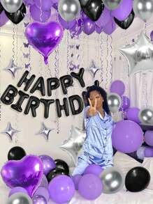 Juego de 50/53 globos de tema morado y negro para cumpleaños feliz, incluye globos de 16 pulgadas con letras "Happy Birthday", corazones morados, globos con forma de corazón plateados, globos morados, negros y plateados, adecuado para fiestas de cumpleaños, gender reveal, bodas, graduaciones, decoración de fiestas, fondos para photobooth, suministros para fiestas en el hogar - Multicolor - Ver 5