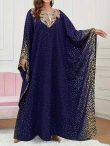 Women's Elegant Solid Color Arabic Middle East Abaya Dress, V-Neck Long Sleeve, Lace Floral Collar, Beaded, Metallic Print, Modest Kaftan