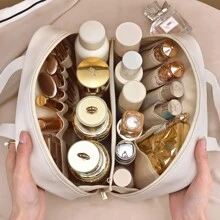 1 pieza Bolsa de maquillaje desmontable multicapa - Estuche de maquillaje impermeable de gran capacidad en PU con bolsa desmontable para pinceles de maquillaje, organizador de viaje portátil para lápices labiales y cosméticos, adecuado para maquillaje de viaje al aire libre, organizador de artículos de tocador, regalos esenciales, accesorios con cremallera, uñas
