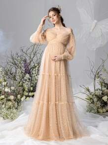 Faeriesty Dressalisa Schwangerschafts Kleid mit Puffärmeln, Off-Shoulder Ausschnitt, Pailletten und Tüll für Partys und Fotoshootings