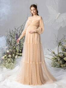 Faeriesty Dressalisa Schwangerschafts Kleid mit Puffärmeln, Off-Shoulder Ausschnitt, Pailletten und Tüll für Partys und Fotoshootings