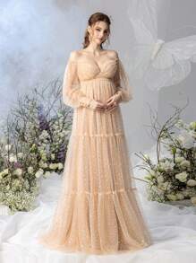 Faeriesty Dressalisa Schwangerschafts Kleid mit Puffärmeln, Off-Shoulder Ausschnitt, Pailletten und Tüll für Partys und Fotoshootings