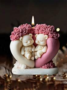 1 pièce Moule de bougie en silicone en forme d'ours amoureux, avec des détails de rose, forme asymétrique, pour la résine, le ciment, l'artisanat de ciment - Conception de couple d'ours romantique
