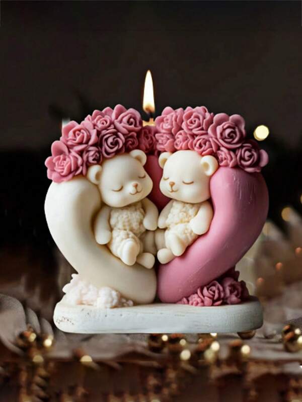 1 pièce Moule de bougie en silicone en forme d'ours amoureux, avec des détails de rose, forme asymétrique, pour la résine, le ciment, l'artisanat de ciment - Conception de couple d'ours romantique