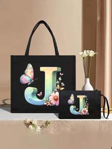 Color Gradient Butterfly Flower Letter A-Z Pattern Tote And Cosmetic Bag Set, Casual Style, Fabric Structure - Black - View 57