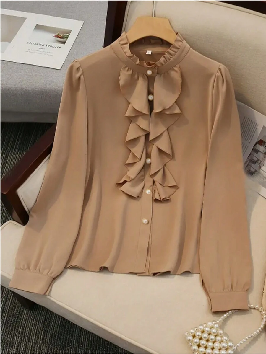 Elegant Long Sleeve Blouse With Ruffle Stand Collar And Button Details For Women - Khaki - View 1