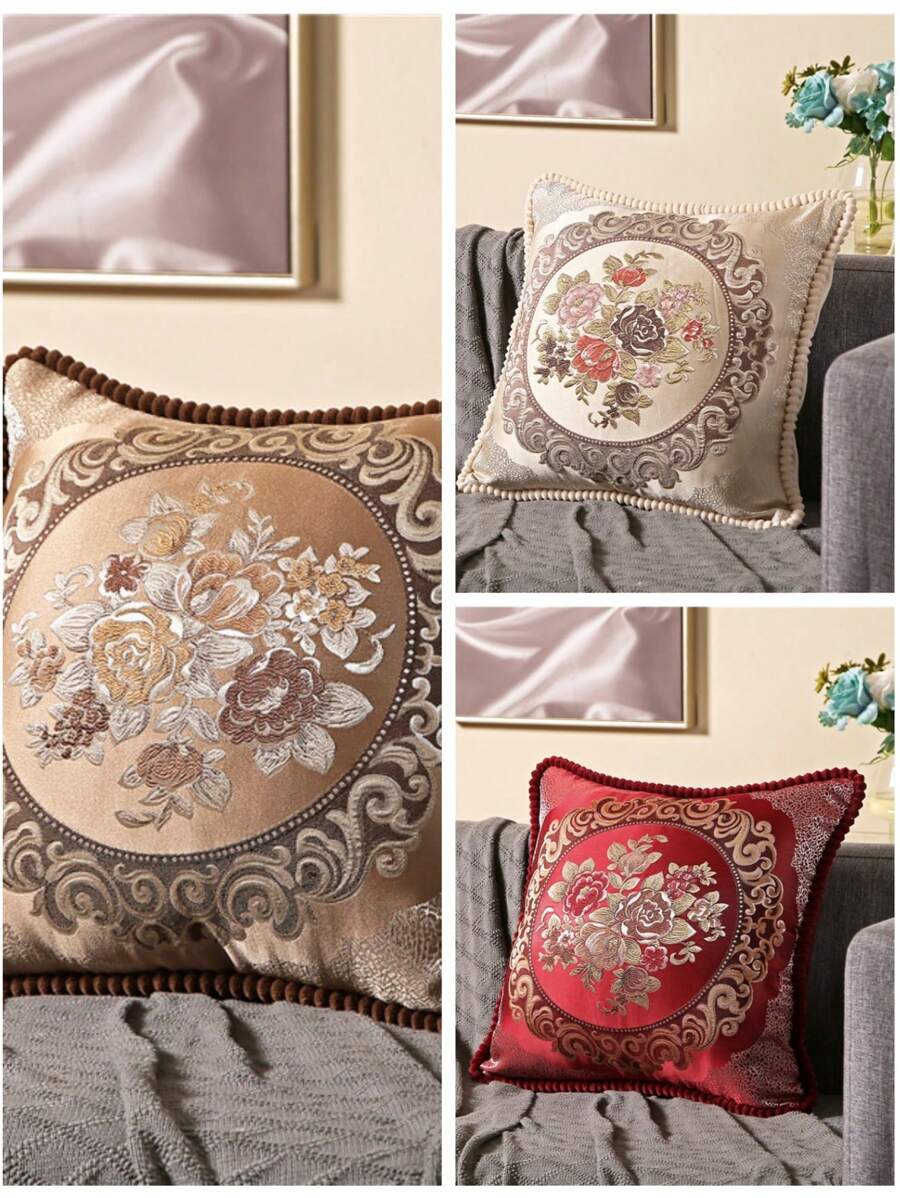 1 Peça Capa de Almofada Bordada com Floral Vintage, Com Zíper, Lavável em Máquina, Mistura de Tecido de Malha, Para Sofá, Cama, Sala de Estar, Feriado, Decoração de Festa, Todas as Estações - (48cm) Enchimento Não Incluído