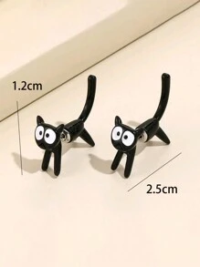 1 对时尚百搭黑猫耳钉耳环，流行女孩珠宝 - 黑色 - 查看 4