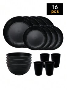 4 件/16 件/32 件 不易破碎 PP 可重复使用塑料餐具套装，包括盘子、碗和杯子。适用于家庭和户外野餐学校用品、圣诞礼物 - 彩色 - 查看 23