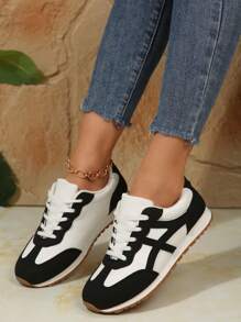 女士厚底休闲运动鞋，新款秋季拼接系带厚底休闲运动鞋，轻便户外运动款学生鞋 - 黑色 - 查看 4