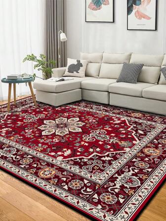1pc Vintage-Look Persian Style Patterned Rug, Distressed Boho Traditional Polyester Fiber Rectangular Floor Carpet, Easy Care And Washable Suitable For Living Room, Hallway, Bedside, Sitting Room, Bedroom Home Decor