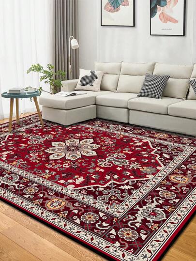 1 件复古波斯风格图案地毯，仿旧波西米亚风传统涤纶纤维矩形地毯，易于护理和可清洗，适用于客厅、走廊、床边、起居室、卧室家居装饰