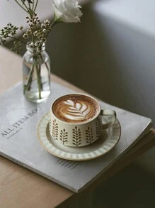 1 件日式复古风格釉下彩绘咖啡杯碟套装，高美感创意粗陶拿铁杯