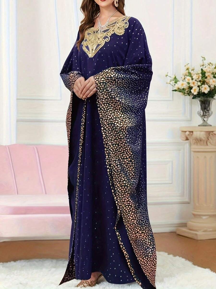Women's Elegant Solid Color Arabic Middle East Abaya Dress, V-Neck Long Sleeve, Lace Floral Collar, Beaded, Metallic Print, Modest Kaftan