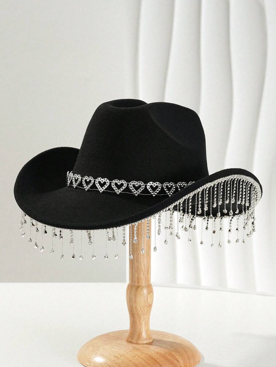 1 件女士中性纯色英伦风格软呢帽波西米亚山脊牛仔帽沙滩帽巴拿马帽太阳帽爵士帽牛仔帽软毡帽软呢帽，心形水钻和流苏装饰，优雅牛仔帽，适合单身女士 - 黑色 - 查看 1