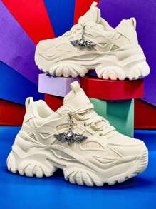 Women Silver Metal Shiny Angel Skull Decor Casual Sneakers With 7cm Thick Sole Platform, Versatile Beige High Heels, Comfortable Warm Autumn/Winter Women Outdoor Sports Shoes For Teenagers, College Students, Breathable Light Weight Non-Slip Summer Mesh Running Shoes For Daily, Date, Gym, Office Wear