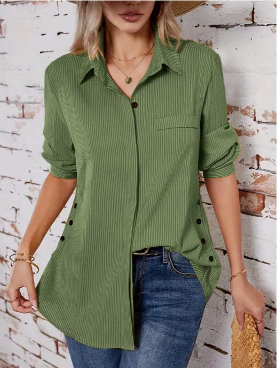 Solid Color Side Button Blouse, Boho Collar Rolled Sleeve Blouse, Stylish Striped Blouse - màu xanh lá - Xem 1