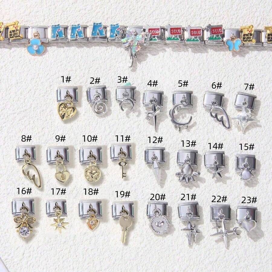 1/5/10pcs Italian Charm Bracelet Set In Y2K Style With Stainless Steel Wings, Heart Lock, Key, And Small Pendant DIY Combination Modules Valentines - Multicolor - View 1
