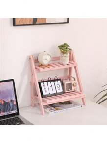 纯手工原木折叠简约时尚书桌收纳架梯形桌面展示架双层固定收纳架带横杆卧室床头架梳妆台收纳架适用于书房，卧室，宿舍，咖啡厅厨房。