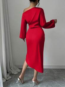abyoxi Red Color Elegant Asymmetrical Neck Long Sleeve Waist Handmade Pleated Sexy Satin Dress,Wedding Dating Dress,Party,Simple,Back To School,Fall/Winter Clothes For Women