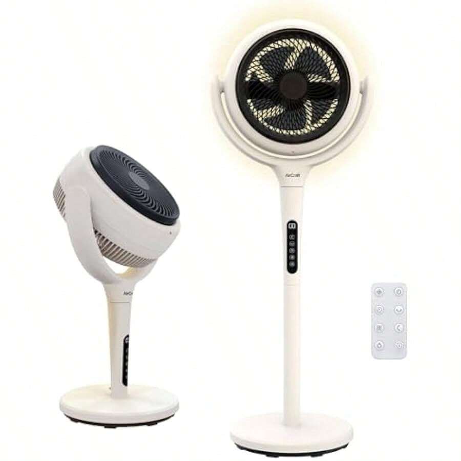 Lume Remote Control Fan LED Backlight Timer Ultra Quiet 3D Oscillating Air Circulator Converts Pedestal Desk Fan 3 Modes 12 Speeds 1.5m Cable - StoneWhite1 - View 1