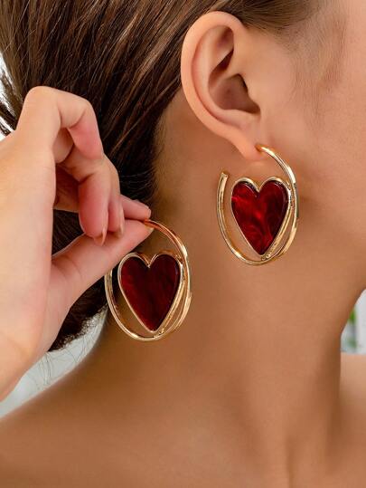 1 par de brincos de luxo versáteis, estilo boêmio elegante e de alta qualidade, material de liga de zinco com coração de acrílico incrustado, adequados para uso diário e dia dos namorados