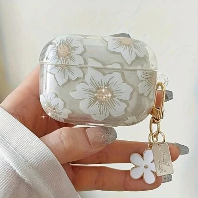 1个时尚白色花卉无线耳机保护套，兼容第四代1/2/3/Pro/Pro2，带钥匙扣挂件，透明保护套 - 防震柔软超薄无线耳机保护套，送朋友的礼物