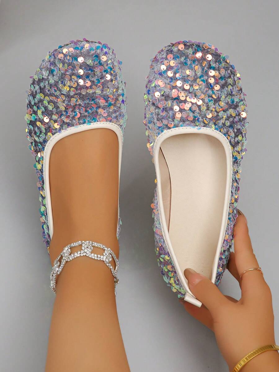 女士圆头平底玛丽珍鞋，带闪光装饰，时尚华丽，适合日常穿着、通勤、购物，灰色带随机图案，春季和秋季 - 灰彩色 - 查看 1