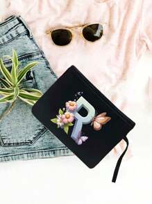 Color Gradient Butterfly Flower Letter A-Z Pattern Tote And Cosmetic Bag Set, Casual Style, Fabric Structure - Black - View 45