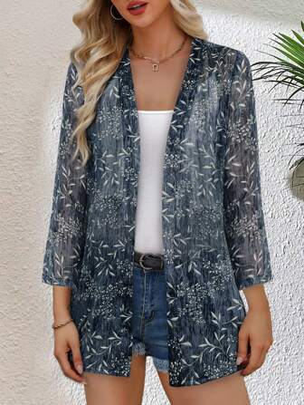 Yukiwi 女式花卉印花七分袖前开襟大衣