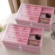 3/5 层带抽屉珠宝收纳盒 - 桌面矩形塑料珠宝收纳盒，适用于链条、项链、手链、耳环 - 多用途 - 优雅实用的家居珠宝收纳盒 - 粉色 - 查看 3