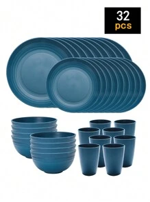 4 件/16 件/32 件 不易破碎 PP 可重复使用塑料餐具套装，包括盘子、碗和杯子。适用于家庭和户外野餐学校用品、圣诞礼物 - 彩色 - 查看 17