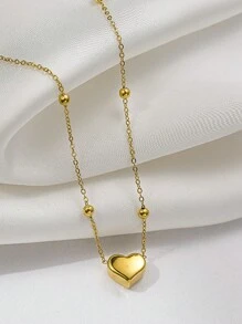 1pc Minimalist Cute Style Round Bead Chain Necklace With Heart Shaped Stainless Steel Pendant, Suitable For Women To Wear To Parties Or Dates, Or As A Valentine's Day Gift - Yellow Gold - View 7