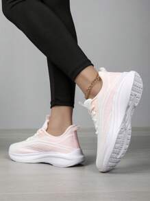 女士透气网眼运动鞋，轻便舒适平底鞋，适合工作、办公室、休闲装、春夏/秋季 - 淺粉色 - 查看 4