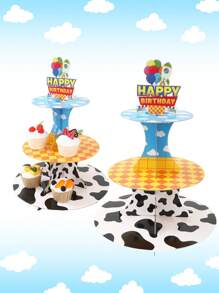 1set Happy Birthday Theme Decorative Cake Holder, Cartoon Blue Sky White Clouds Pattern Cupcake Stand Multi-Layered Cake Tray, For Birthday Babe Shower Party Holiday Table DIY Cake Decoration Supplies, Happy Birthday Cake Topper Food Tray, Birthday Party Gifts Favor