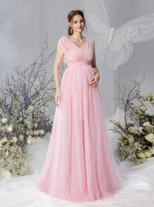 Faeriesty Dressalisa Maternity Sleeveless Off-Shoulder Maxi Dress With Dramatic Tulle Skirt – Lightweight Chiffon Fabric For Spring/Summer Baby Showers & Maternity Photoshoots (Flattering A-Line Silhouette, Romantic Ethereal Elegance)