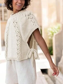 Suéter de manga corta con cuello redondo y cordones para mujer, tops de crochet, camisetas holgadas - Beis - Ver 2