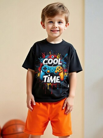 Conjunto de 2 piezas de camiseta con estampado de dibujos animados y shorts cómodos y elegantes para niños pequeños, de verano