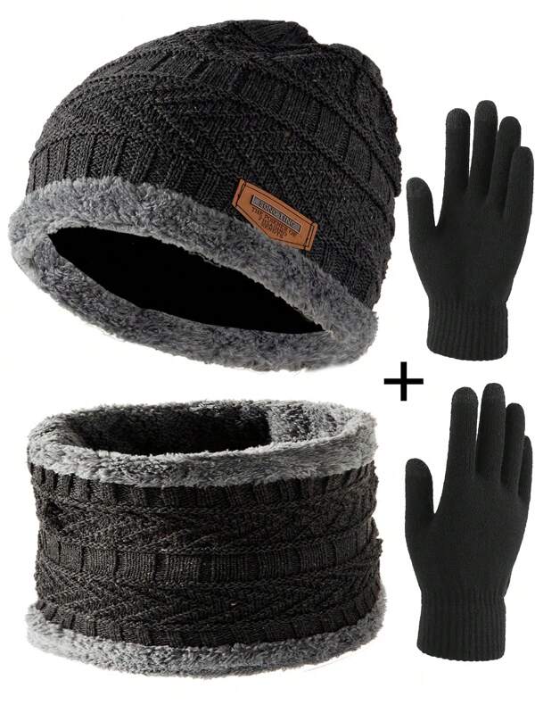 3Pcs Winter Beanie Hat Circle Scarves Touchscreen Gloves Set, Warm Thick Thermal Lined Skull Cap Gloves Neck Warmer For Men