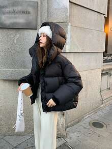 新款加厚短款风衣带抽绳下摆，时尚宽松设计棉袄 - 黑色 - 查看 5