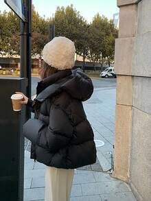 新款加厚短款风衣带抽绳下摆，时尚宽松设计棉袄 - 黑色 - 查看 7