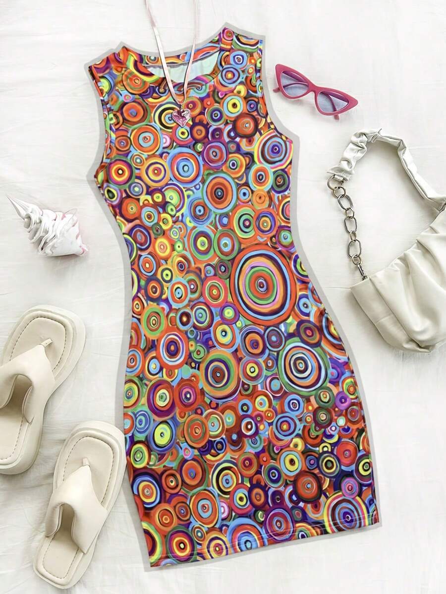 Geometric Printed Bodycon Dress For Women, Spring/Summer Vacation Outfits Woman - Orange - View 1